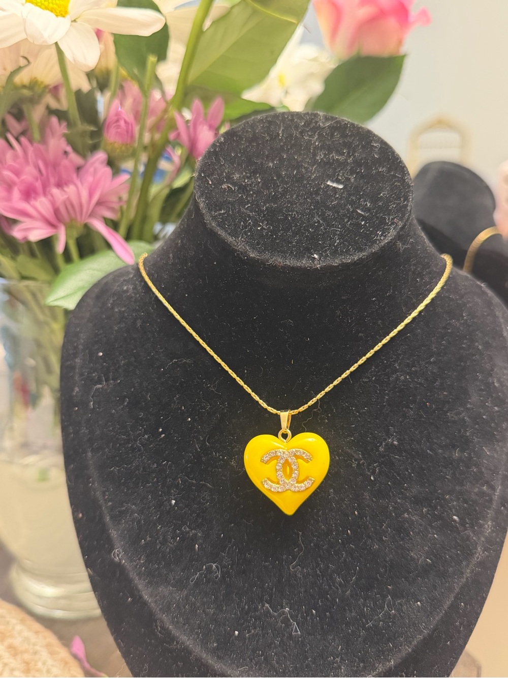 Cc gold pink and diamond charm necklace